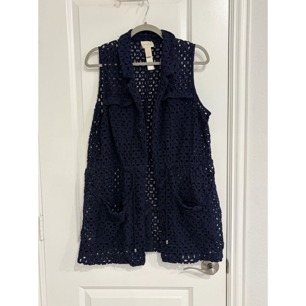 Chicos Crochet Openwork Navy Vest